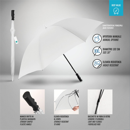 Umbrelă Perletti XXL 132 cm Lungime, Albă, Rezistentă la Vânt, Manuală